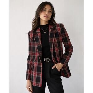Ann Taylor Double Breasted Relaxed Blazer Jacket Red Black Plaid NEW Womens 14